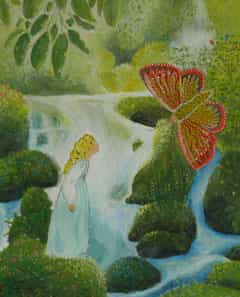 04 Elfe am Wasserfall 2016 Grafitstift Aquarellfarbe Pastellkreide auf Papier 25x30