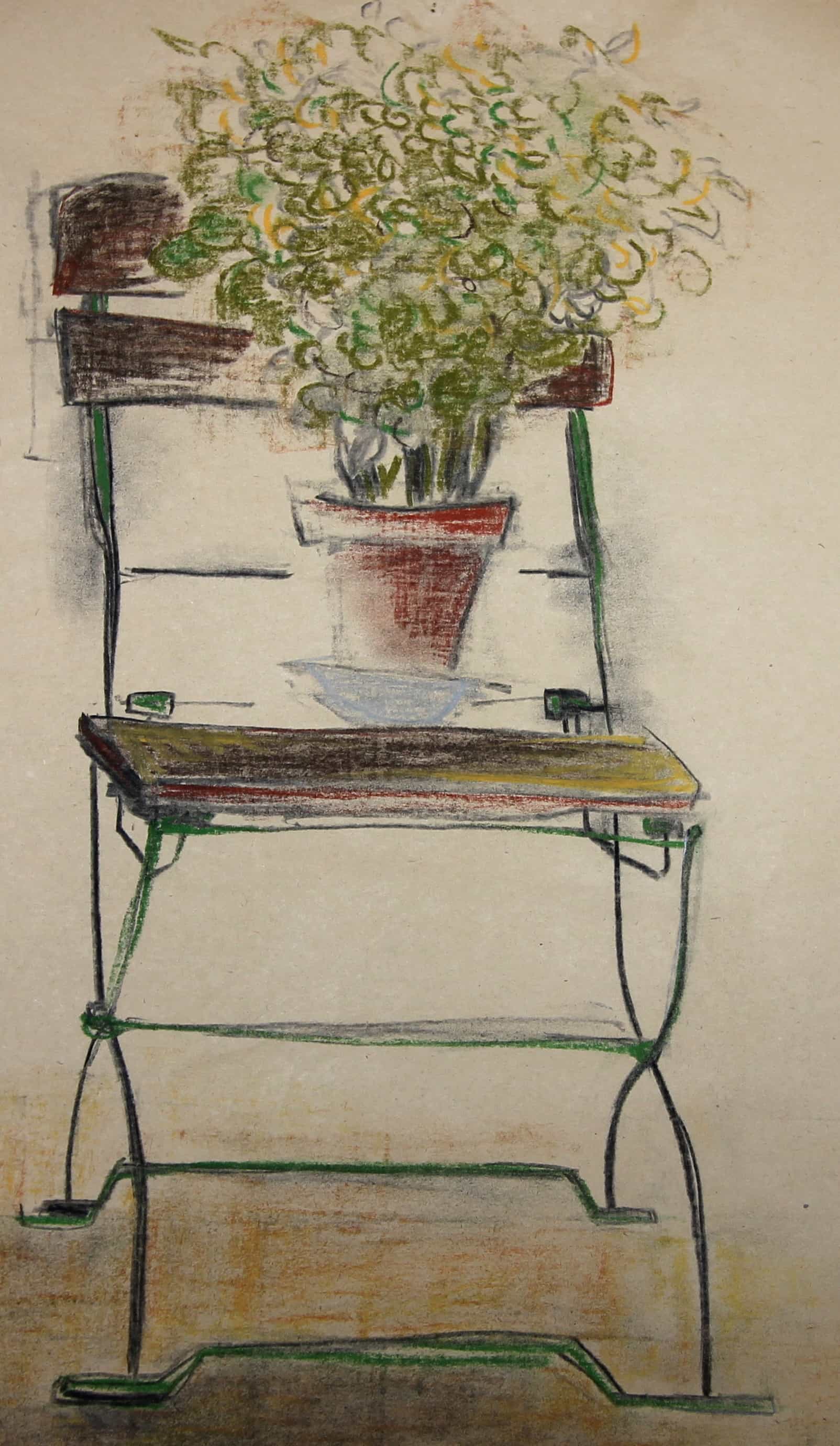03 Affenbrotbaum auf Gartenstuhl 2007 Pastellkreide auf Papier 30x40